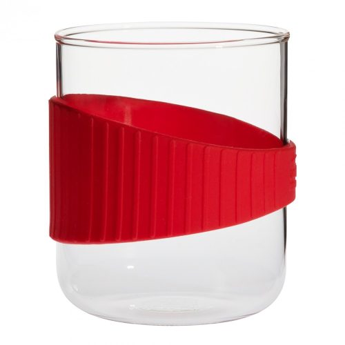 OFFICE S heat resistant glass mug with red silicone wristband 0,4 L