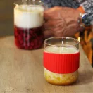 OFFICE S heat resistant glass mug with red silicone wristband 0,4 L