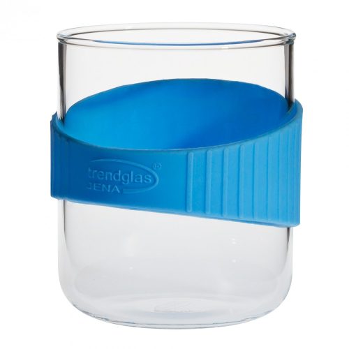 OFFICE S heat resistant glass mug with blue silicone wristband 0,4 L