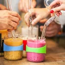 OFFICE S heat resistant glass mug with blue silicone wristband 0,4 L