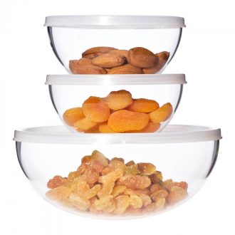  Set of bowls with plastic lids:  2pcs of 300 ml and 1pce of 1 liter