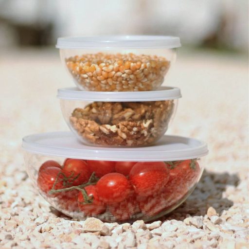 Set of bowls with plastic lids:  2pcs of 300 ml and 1pce of 1 liter